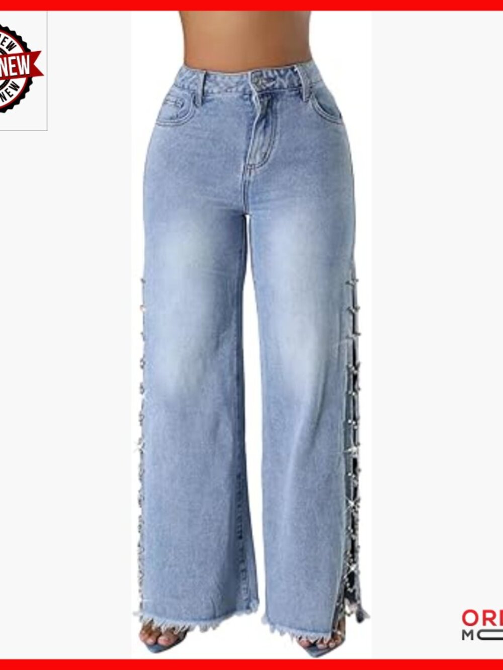 High Waist Rhinestone Jeans Diamond Lace Up Hollow Out Split Denim Pants Fringe